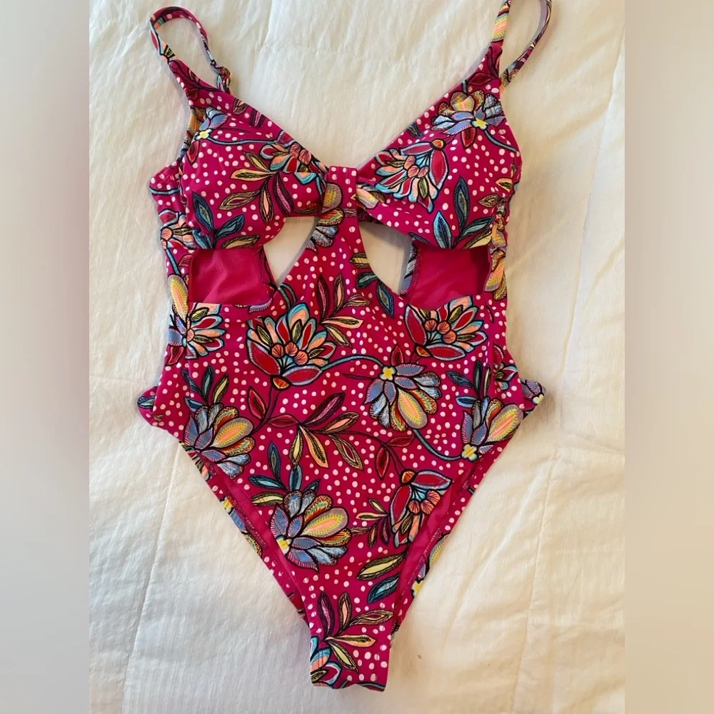 Floral Cutout One Piece Swimsuit Pink Polka Dot Monokini Tropical Prints Med EUC